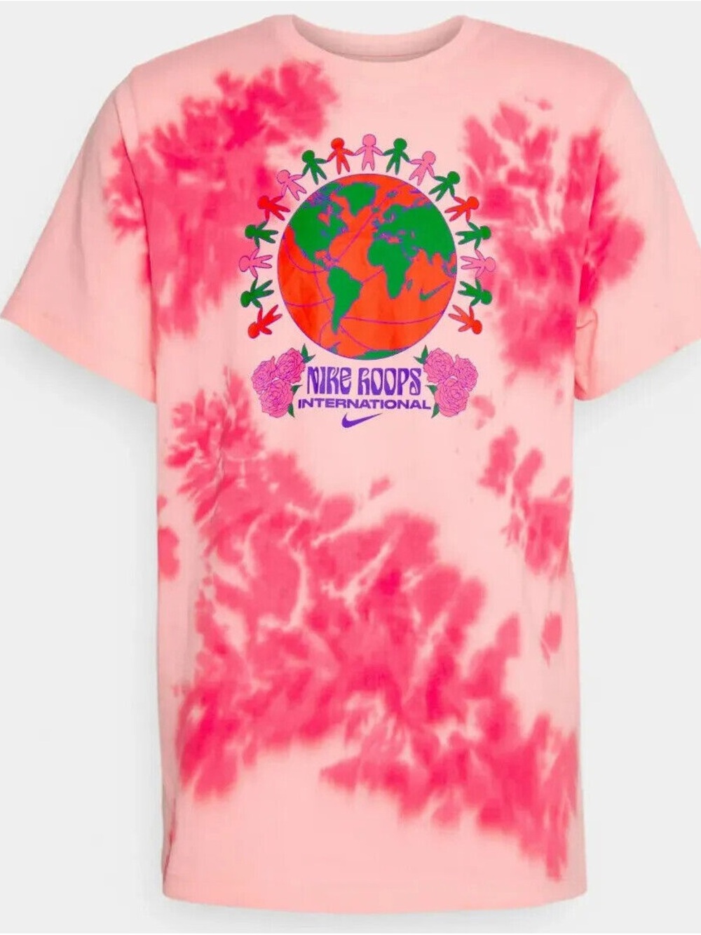 Nike Pink Tie-Dye Short Sleeve Tee with Multicolor Globe Graphic